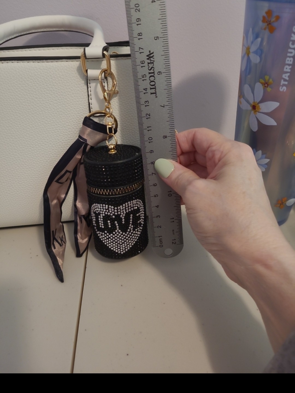 Black Crystal Love Rhinestone Lipstick Holder Keychain with Pink Scarf Accent - Picture 2 of 2